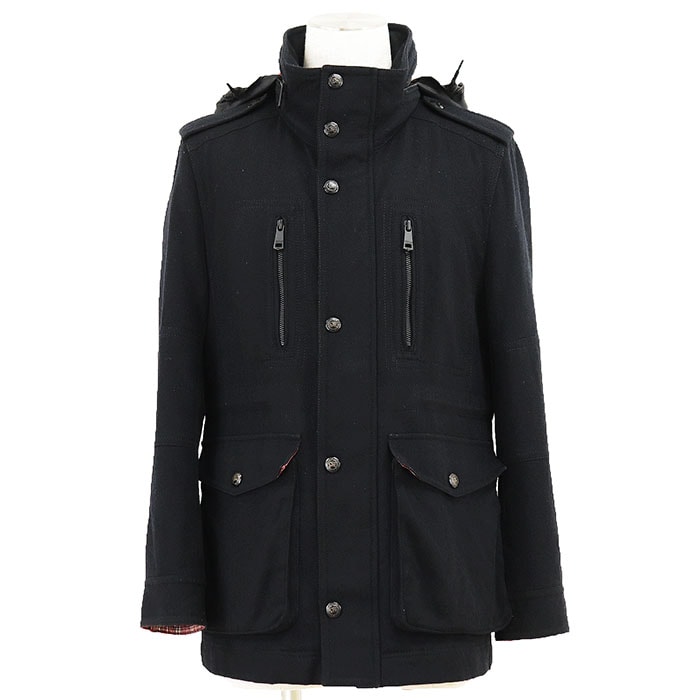【SALE】BURBERRY BLACK LABEL バーバリーブラックレーベル コート スタンドカラー サイズ M メンズ ロゴ ボタン フード収納可 ノバチェックライニング ミリタリー アウター ブラック 黒