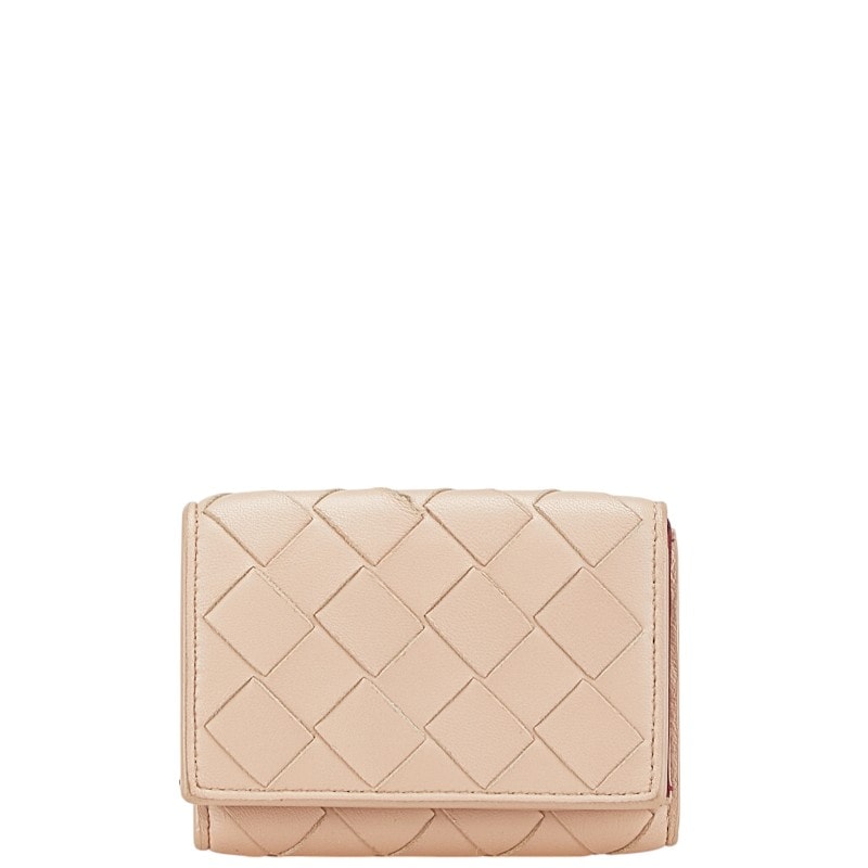 ボッテガヴェネタ イントレチャート 三つ折り財布 ベージュ ピンク レザー レディース BOTTEGAVENETA 【中古】