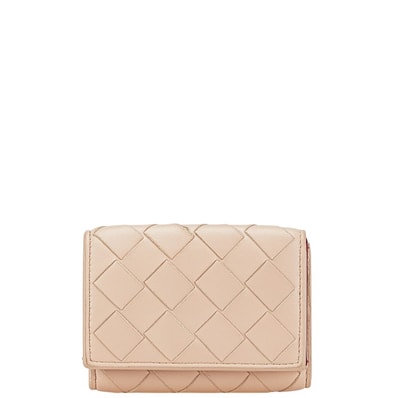 ボッテガヴェネタ イントレチャート 三つ折り財布 ベージュ ピンク レザー レディース BOTTEGAVENETA 【中古】
