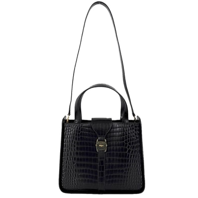 Salvatore Ferragamo サルヴァトーレフェラガモ 2WAY クロコ型押し ショルダーバッグ ハンドバッグ 肩掛け かばん 鞄 DY-21 0239 レザー ブラック 黒 ゴールド金具 レディース【中古品】