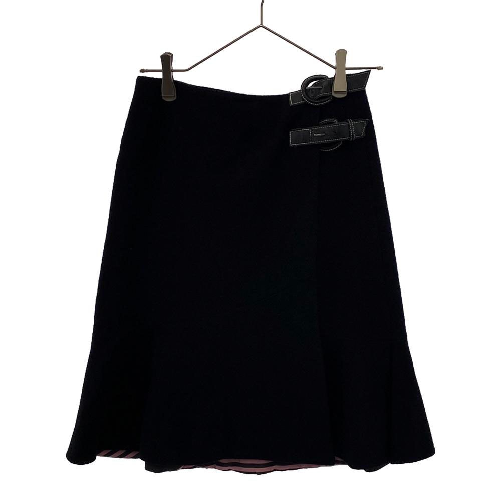 BURBERRY BLUE LABEL バーバリーブルーレーベル 日本製 三陽商会 ウールブレンド ミディ丈 デザインベルト ラップスカート 36 ブラック