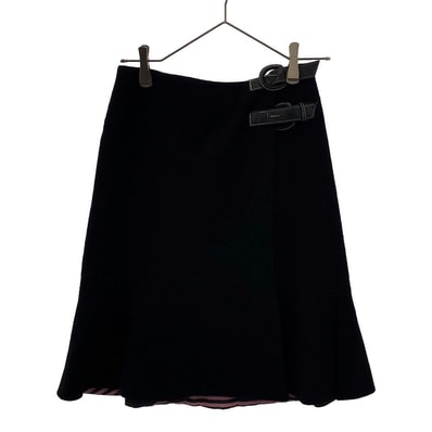 BURBERRY BLUE LABEL バーバリーブルーレーベル 日本製 三陽商会 ウールブレンド ミディ丈 デザインベルト ラップスカート 36 ブラック