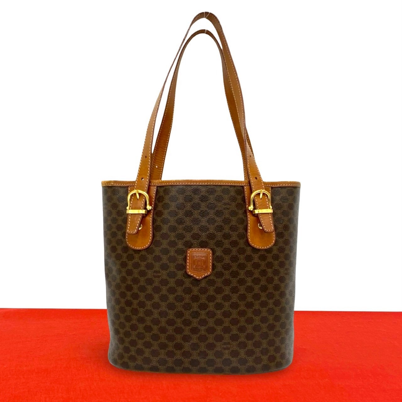CELINE セリーヌ マカダム ブラゾン トリオンフ ロゴ レザー PVC ショルダーバッグ ブラウン
 62648