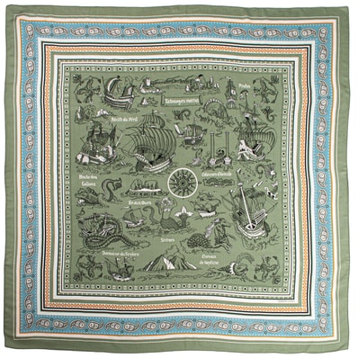 【未使用】HERMES エルメス スカーフ カレ140 カレジェアン Tatouages Marins Bandana 船乗りのタトゥー バンダナ 243374S 01 ストール ショール カシミヤ シルク グリーン マルチカラー【中古】