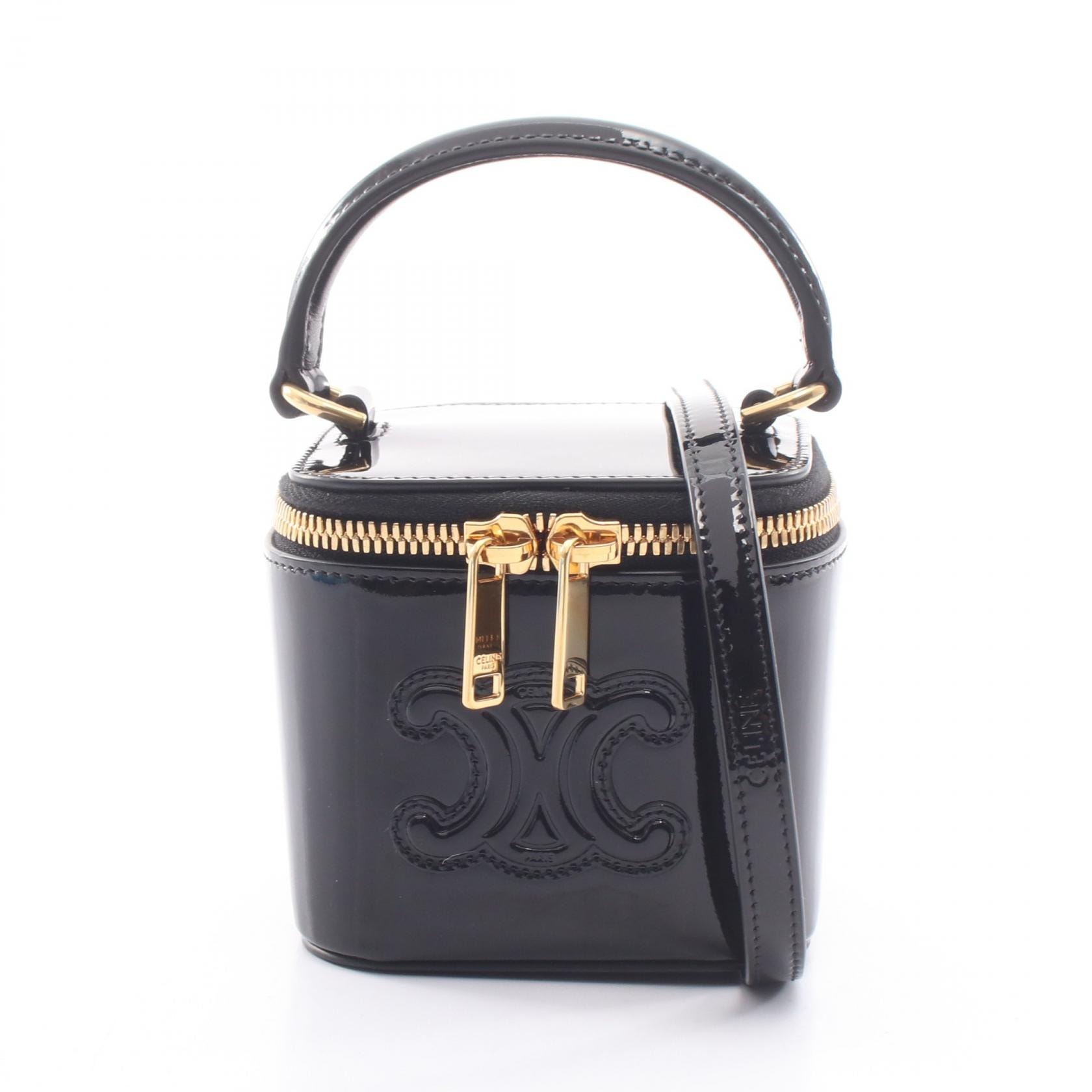 セリーヌ CELINE キュイル トリオンフ ミニ バニティケース 2WAY ハンドバッグ バッグ パテントレザー レディース ブラック系 【中古】