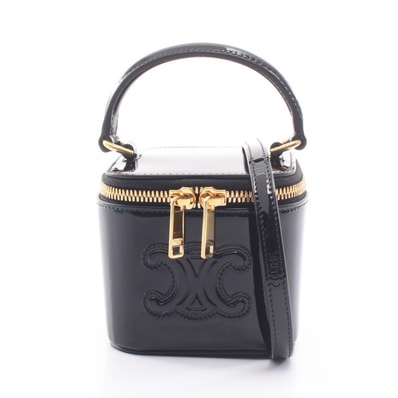 セリーヌ CELINE キュイル トリオンフ ミニ バニティケース 2WAY ハンドバッグ バッグ パテントレザー レディース ブラック系 【中古】
