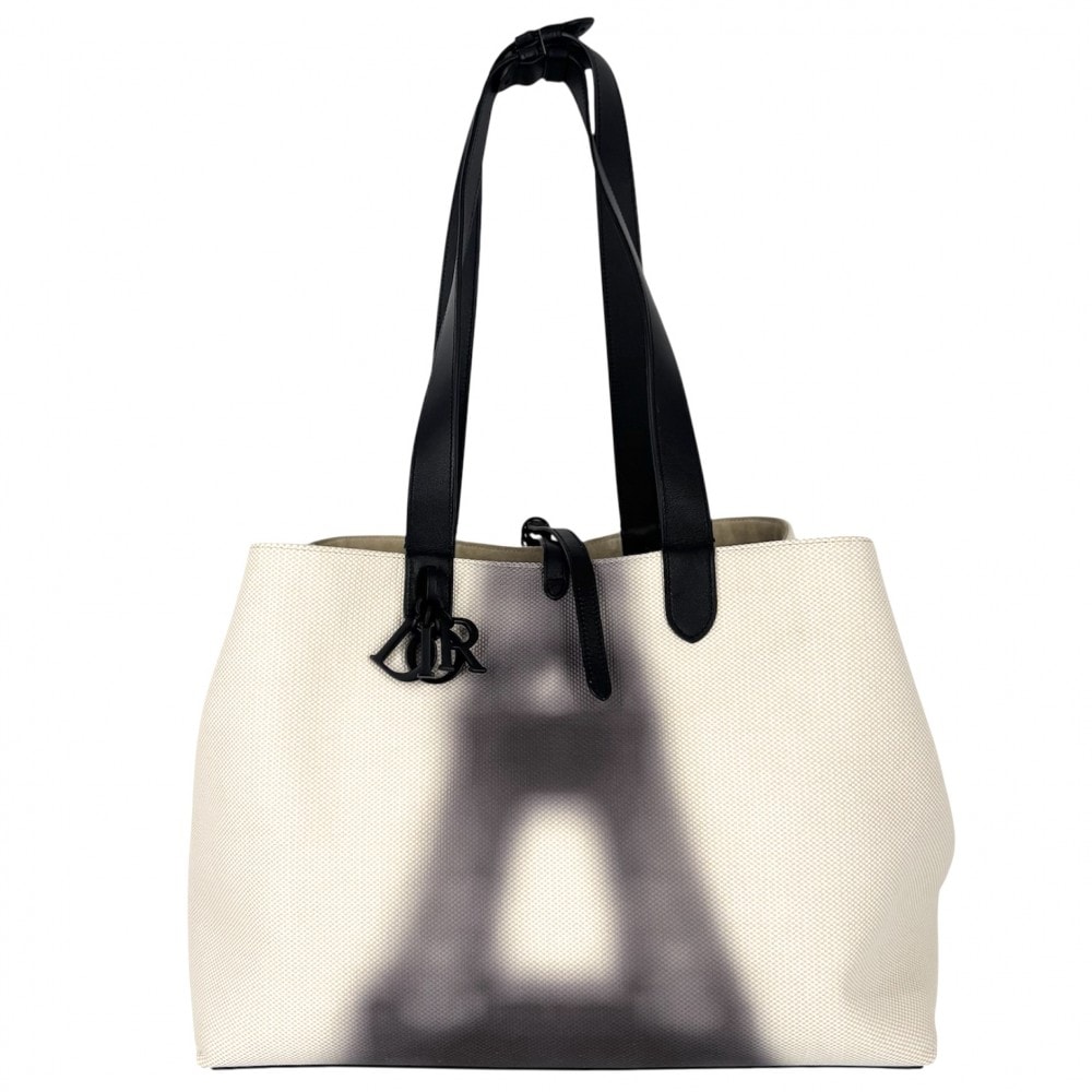 Christian Dior クリスチャンディオール トートバッグ トゥジュール ラージ ハンドバッグ エッフェル塔 肩掛け M2820SZBF キャンバス レザー アイボリー ブラック 黒 ブラック金具 レディース【中古品】