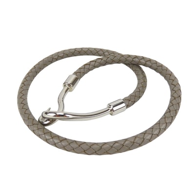 【中古】 エルメス ブレスレット ジャンボ レザー メタル グレー シルバー金具 2重 編み込み レディース 女性 HERMES