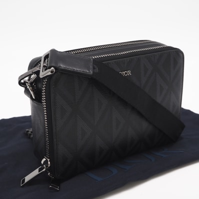 未使用 Dior ディオール CDダイヤモンド メッセンジャー ポーチ 2ESBC119 ショルダーバッグ ブラック グレー コーティングキャンバス レザー レディース