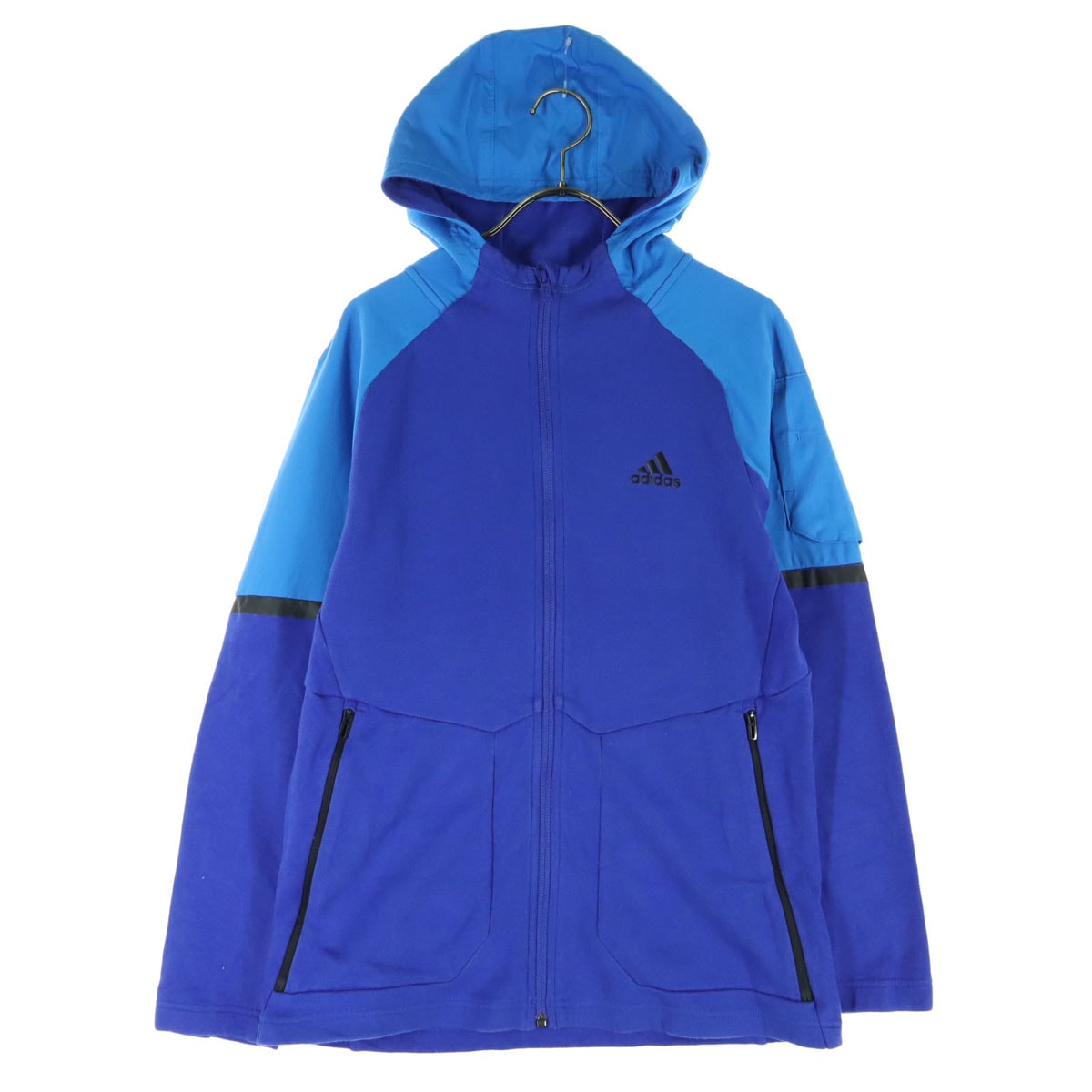 美品 adidas アディダス ワンポイントロゴ 長袖 スウェット ジップパーカー 160cm ブルー ツートンカラー