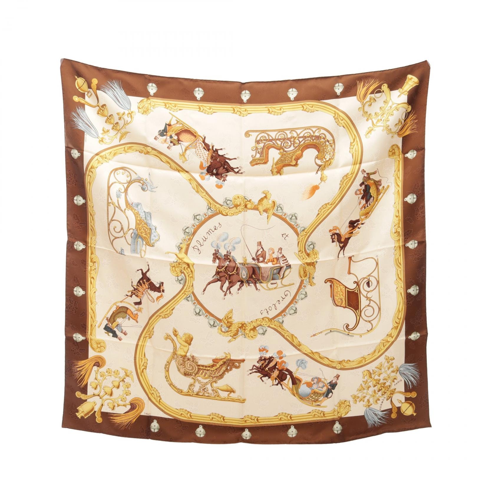 エルメス HERMES カレ90 Plumes et Grelots スカーフ 衣料品 シルク シルク レディース ベージュ系 / ブラウン系 【中古】
