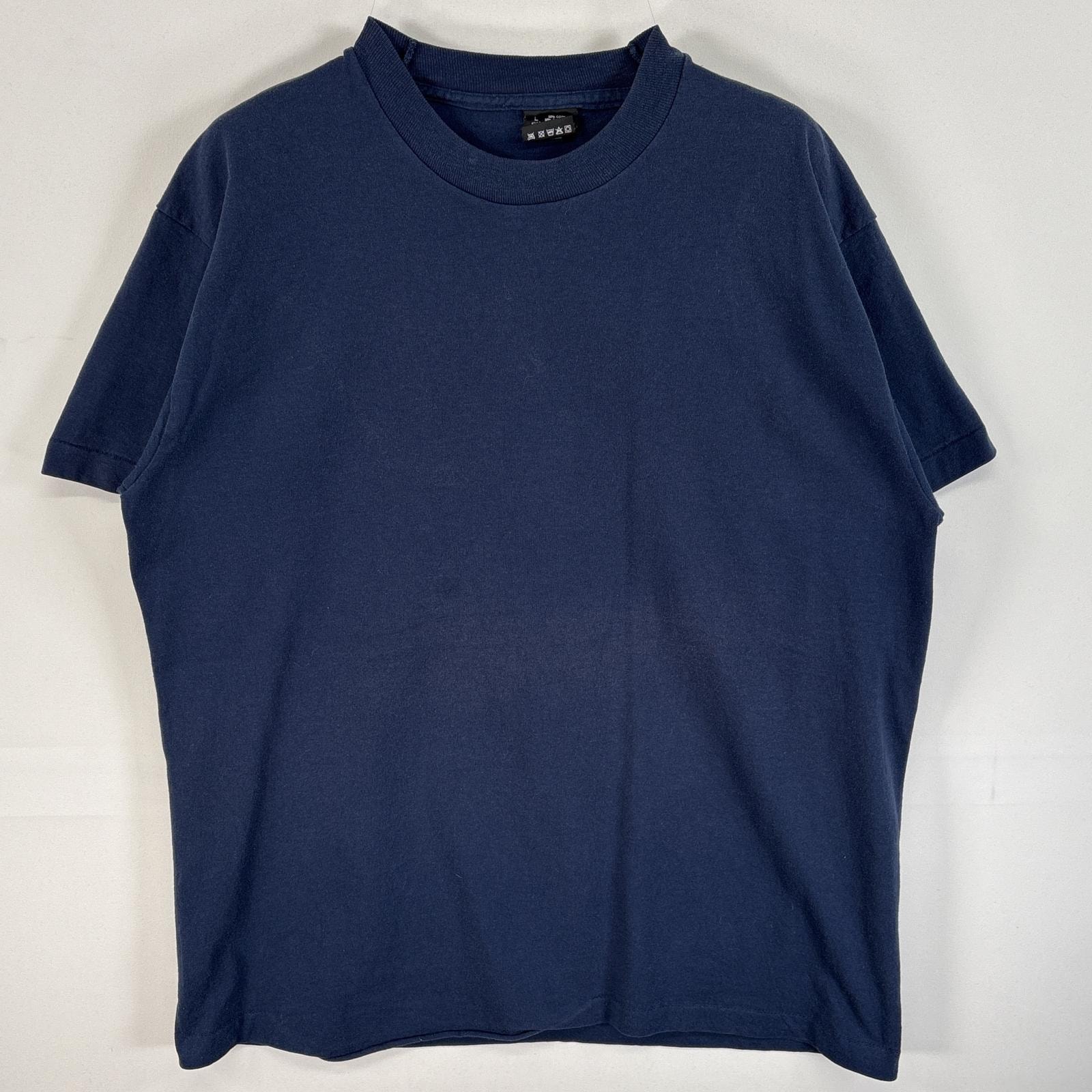 古着 90's/90年代 フルーツオブザルーム FRUIT OF THE LOOM 半袖Tシャツ シングルステッチ USA製 ブランクTシャツ L  ネイビー 無地 メンズ