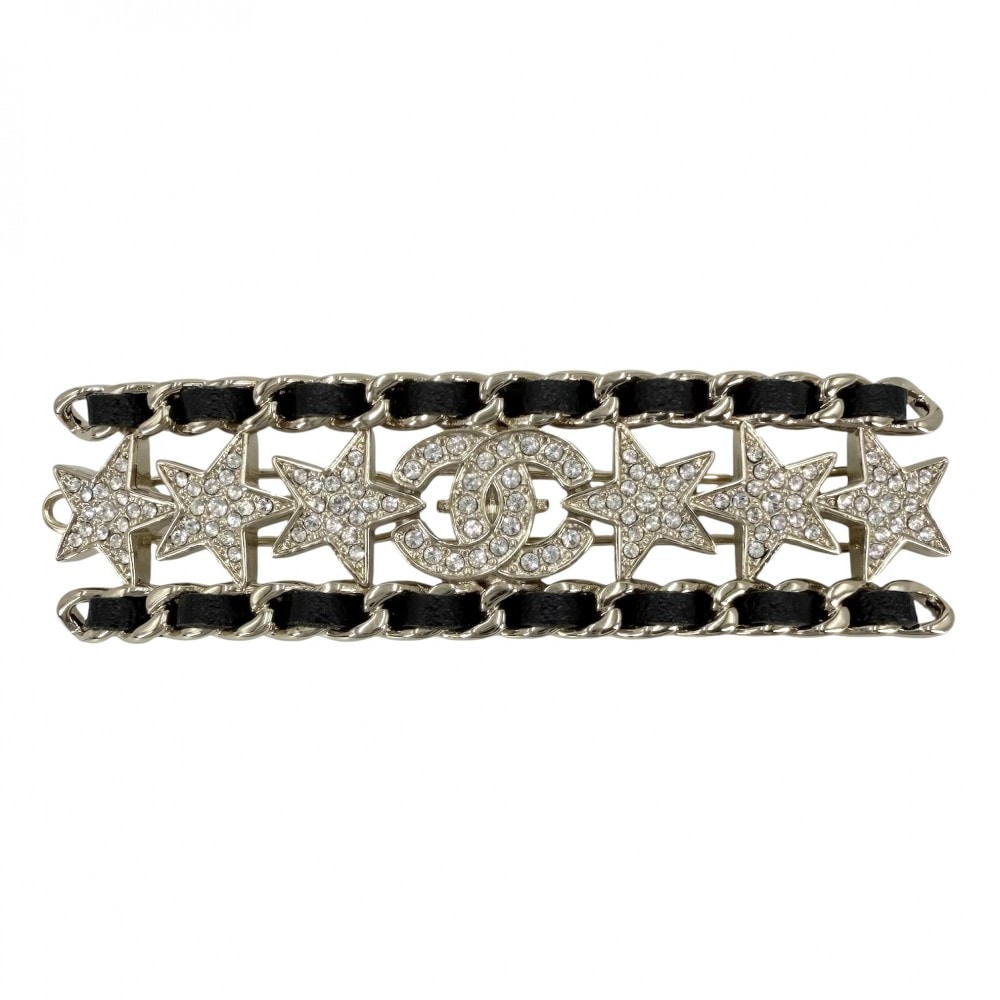 CHANEL シャネル ヘアアクセサリー バレッタ ヘアクリップ ココマーク スター 星 アクセサリー ファッションアイテム GP  レザー  ラインストーン  B23C ゴールド ブラック 黒 レディース 約15.3g 美品 2023年【中古品】