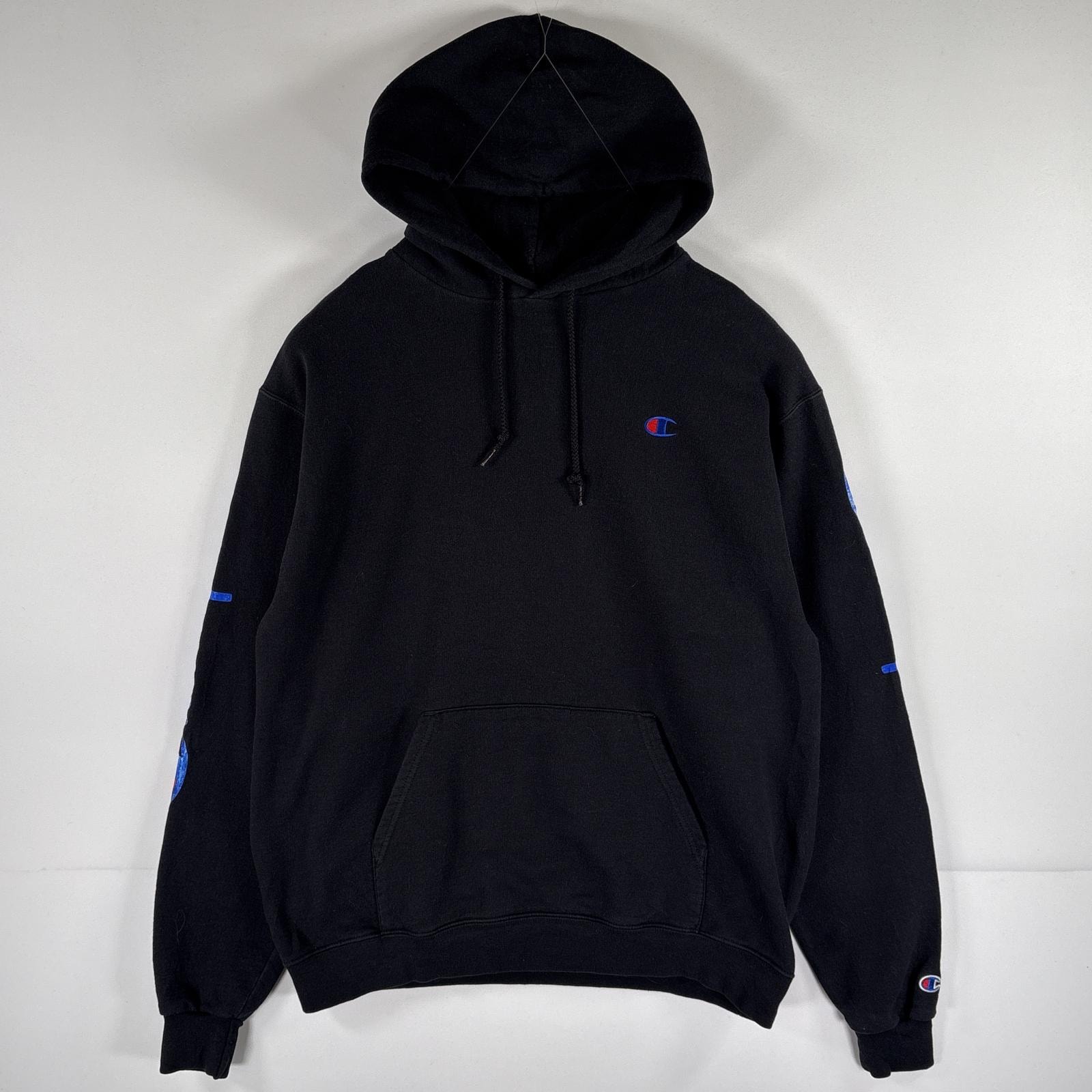 古着 チャンピオン Champion パーカー スウェット プルオーバー  フーディ ワンポイントロゴ 袖ロゴプリント L  ブラック メンズ