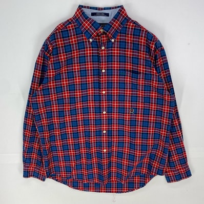 古着 トミーヒルフィガー TOMMY HILFIGER 長袖シャツ ボタンダウン ロゴ刺繍 胸ポケット ワンポイント L レッド系 チェック メンズ