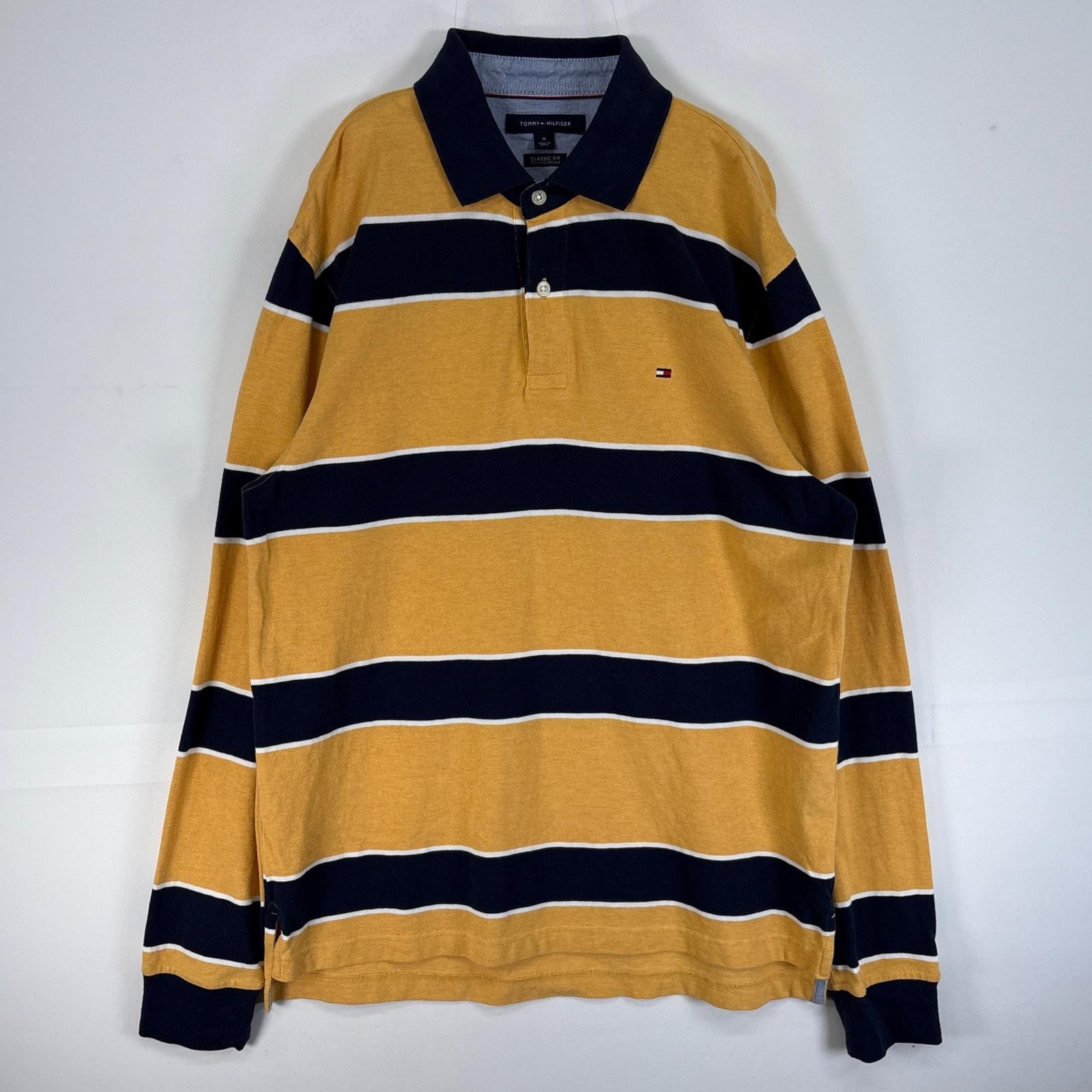 古着 トミーヒルフィガー TOMMY HILFIGER 鹿の子 長袖 ポロシャツ ロゴ 刺繍 ボーダー M イエロー マルチカラー メンズ