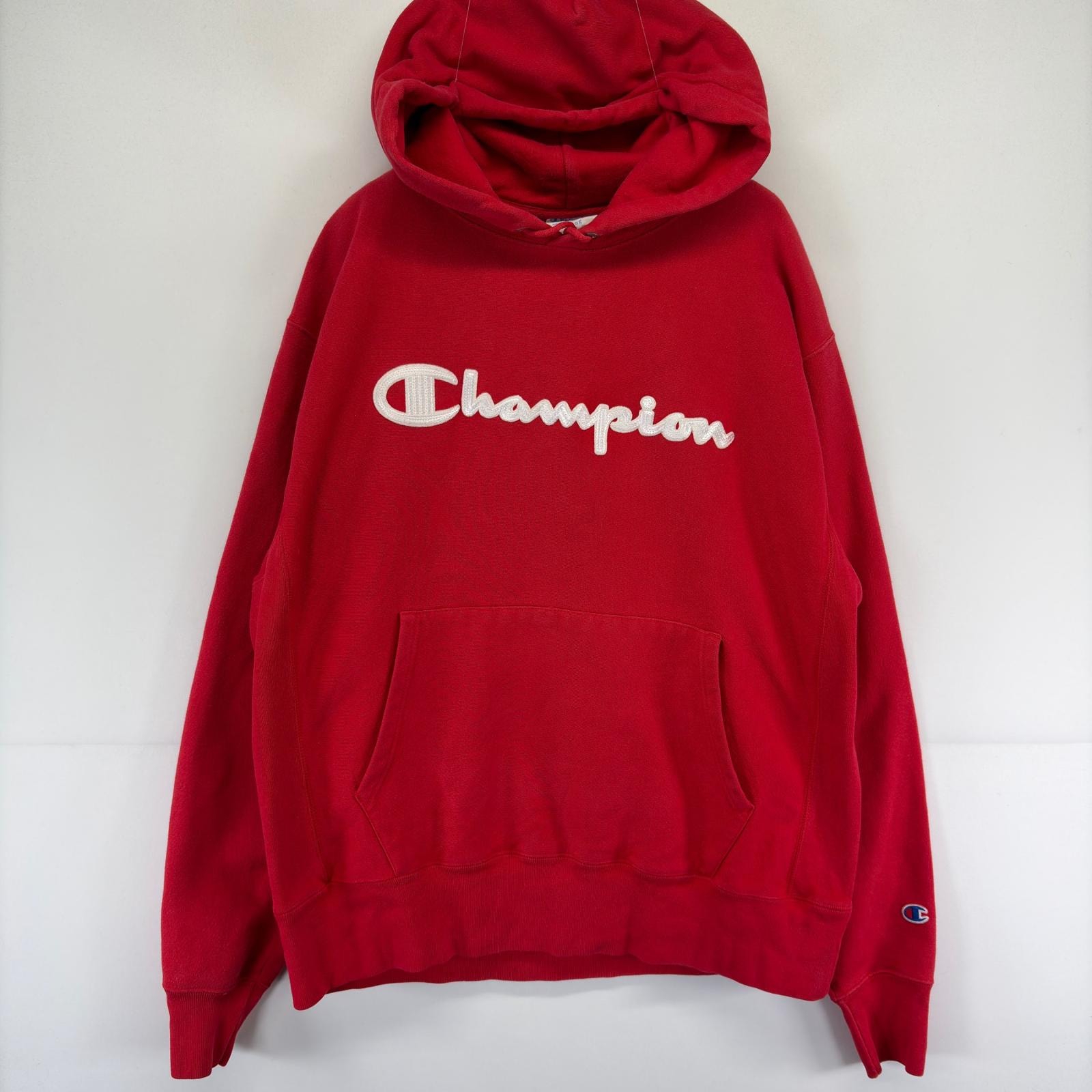古着 チャンピオン Champion スウェット パーカー プルオーバー ロゴ 刺繍 リバースウィーブ L  レッド メンズ