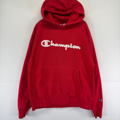 古着 チャンピオン Champion スウェット パーカー プルオーバー ロゴ 刺繍 リバースウィーブ L レッド メンズ