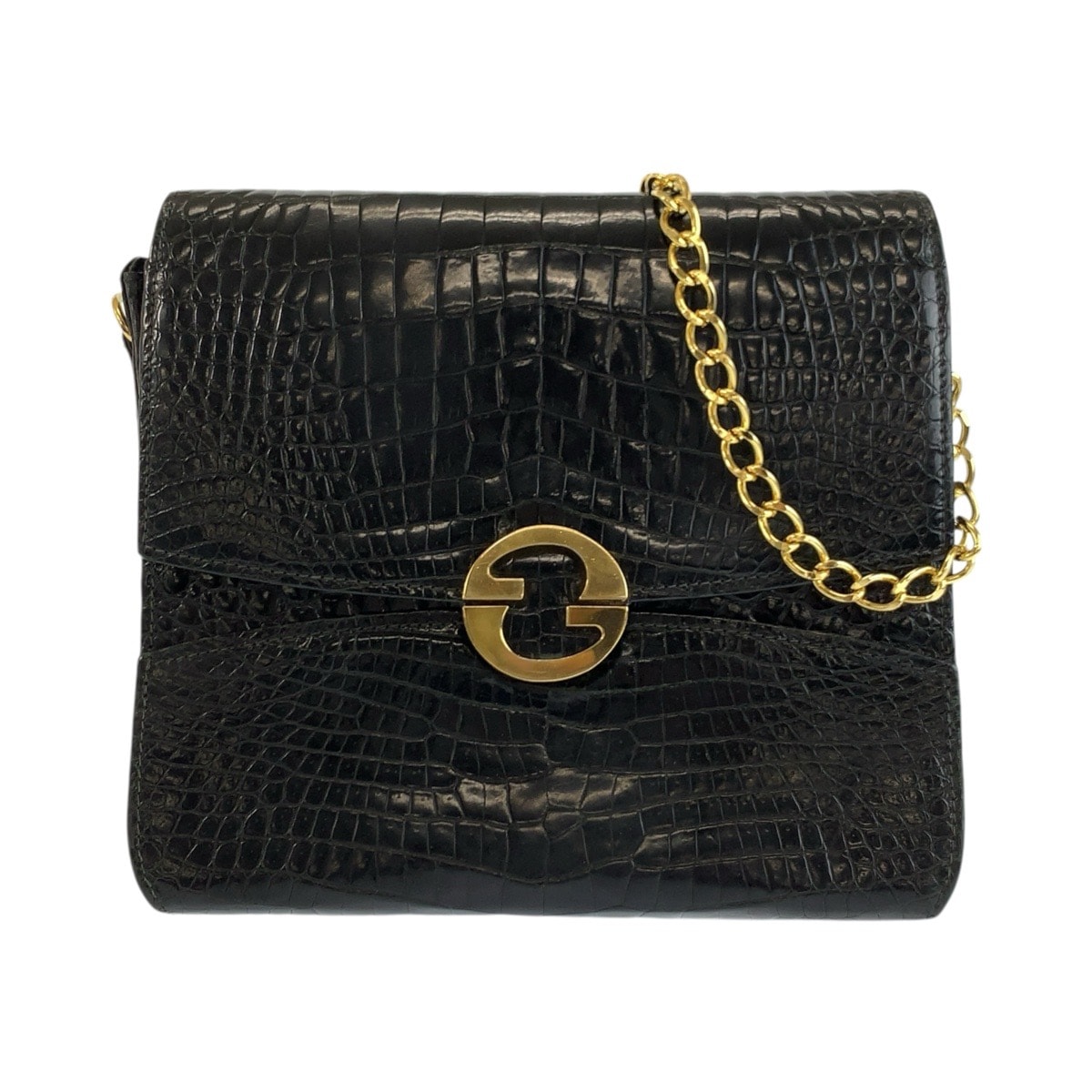 GUCCI グッチ ヴィンテージ ブラック 黒 ゴールド金具 クロコダイル チェーンショルダーバッグ 603004 【中古】