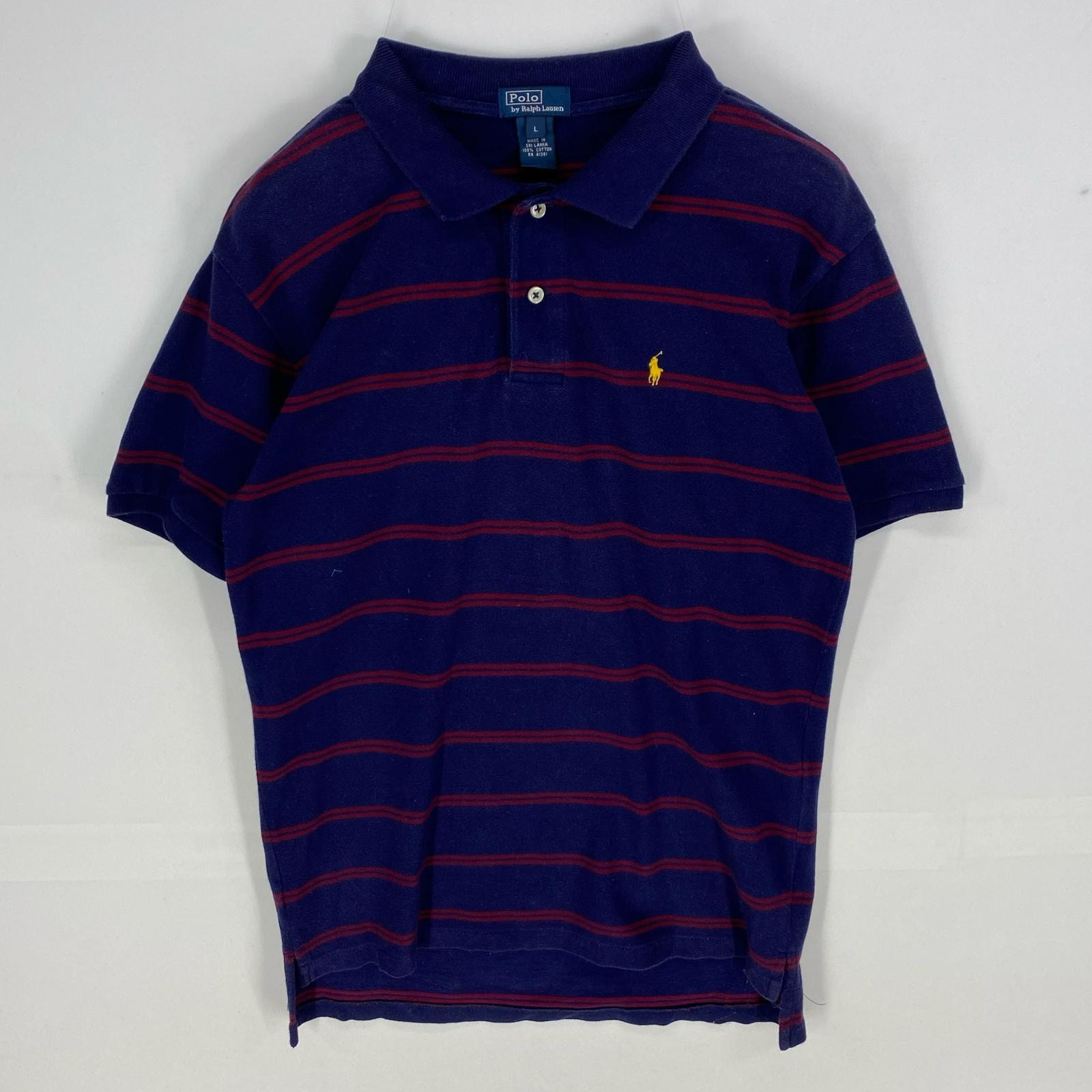 古着 ポロバイラルフローレン Polo by Ralph Lauren 鹿の子 半袖シャツ 刺繍 ポロシャツ ワンポイント L レッド系 ボーダー ボーイズ