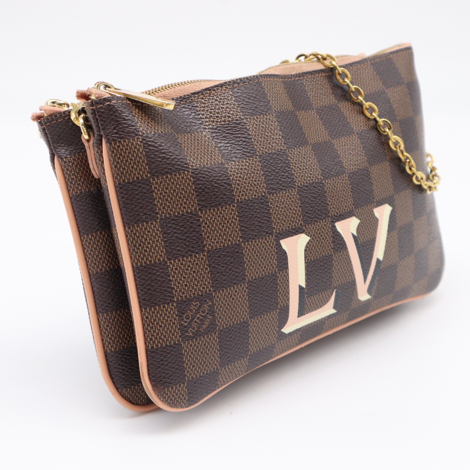 LOUIS VUITTON ルイ・ヴィトン ダミエ ポシェット ドゥーブル N60254 ショルダーバッグ ブラウン ベージュ ピンク コーティングキャンバス レザー レディース