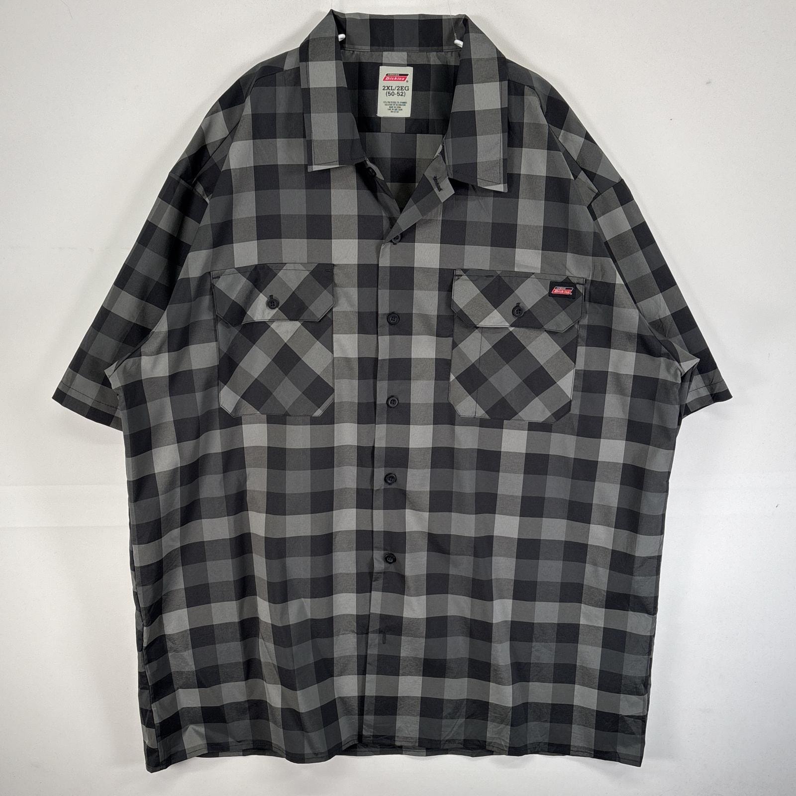 古着 ディッキーズ Dickies 半袖シャツ チェック 大きいサイズ 薄手 ワンポイント ロゴ 2XL  グレー マルチカラー メンズ