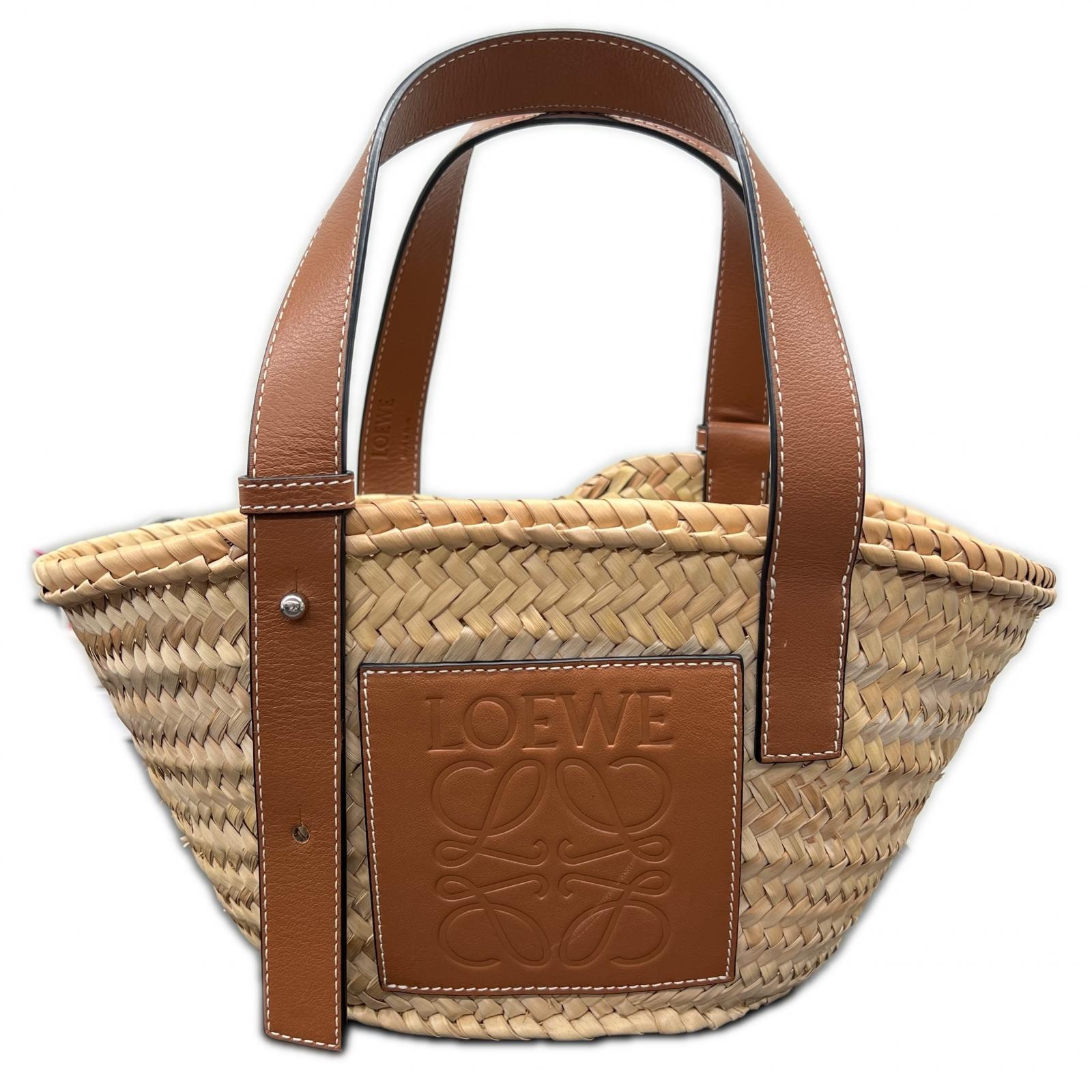 LOEWE 美品 ロエベ バスケットバッグ スモール トートバッグ 327.02.S93 ラフィア レザー ナチュラル タン ベージュ ハンドバッグ かごバッグ 編み込み 夏物 ABランク 鑑定済 中古 ロエベバッグ