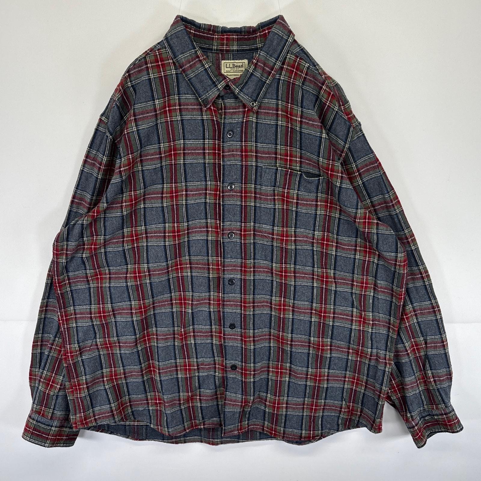 古着 エルエルビーン L.L.Bean 長袖 フランネルシャツ チェック柄 胸ポケット ボタンダウン 大きいサイズ XL  グレー メンズ