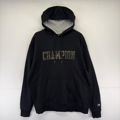 古着 チャンピオン Champion パーカー ロゴプリント フーディー 大きいサイズ スウェット プルオーバー XL ブラック系 メンズ
