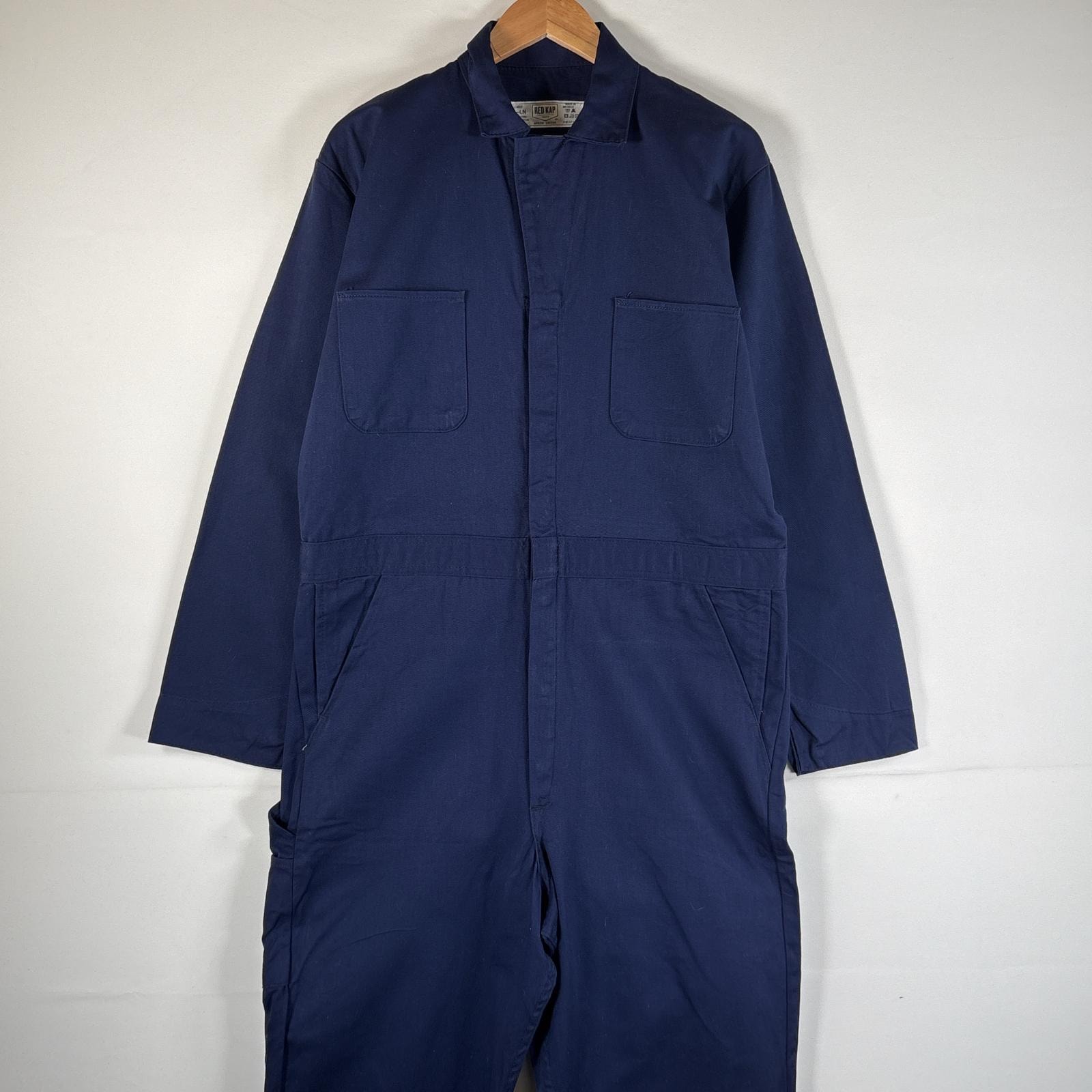 古着 レッドキャップ RED KAP 長袖つなぎ オールインワン ワーク 作業着 大きいサイズ ボタンフライ サイドポケット 42 LN  ネイビー 無地 メンズ