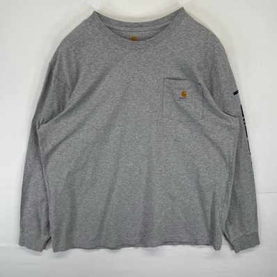 古着 カーハート Carhartt 長袖Tシャツ ロンT 袖ロゴプリント 胸ポケット ワンポイントロゴ クルーネック XL グレー メンズ