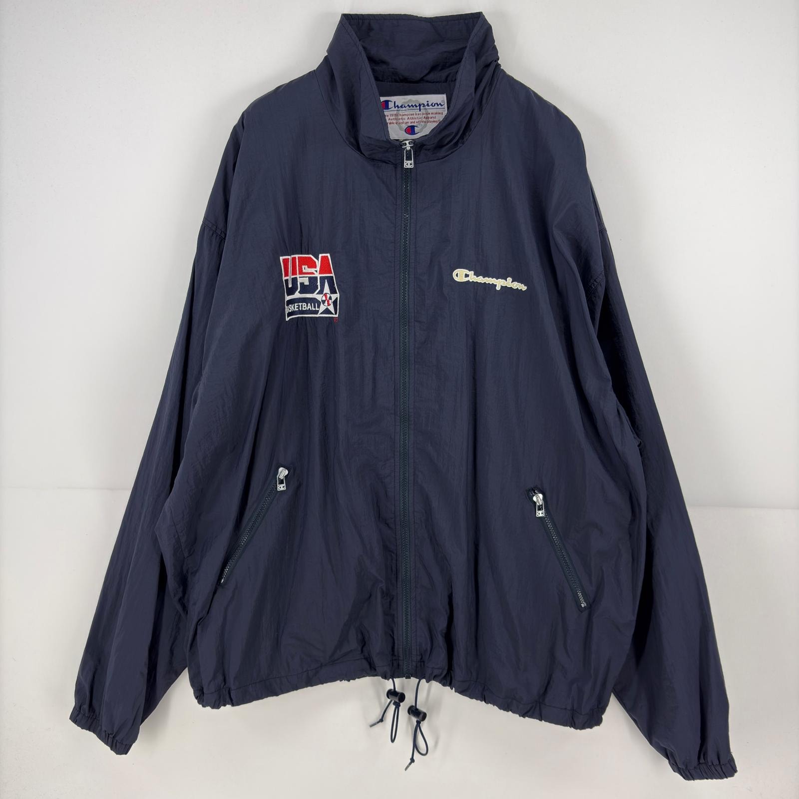 古着 90's/90年代 チャンピオン Champion ジャケット ナイロン BASKETBALL ワッペン 大きいサイズ ロゴ フルジップ 2XL  ネイビー メンズ