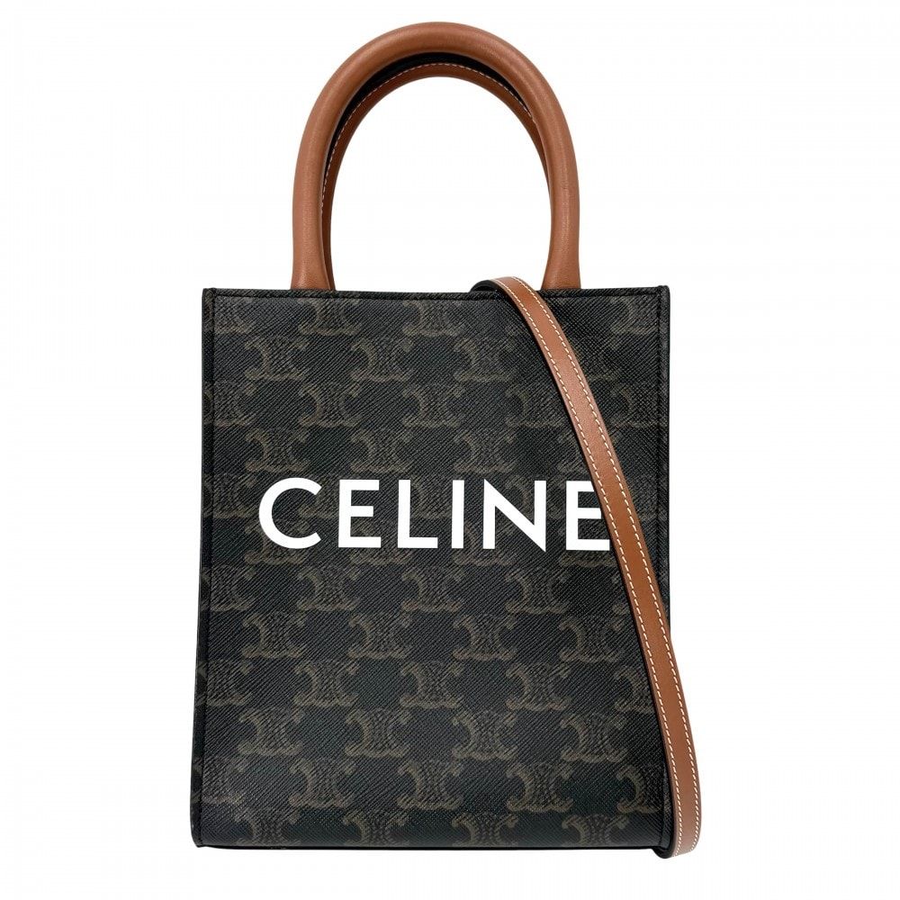CELINE セリーヌ 2WAY ミニ バーティカルカバ ショルダーバッグ トートバッグ 肩掛け 斜め掛け ロゴ タン 194372BZK.04LU レザー  コーティングキャンバス   ブラウン 茶 ゴールド金具 レディース 美品【中古品】