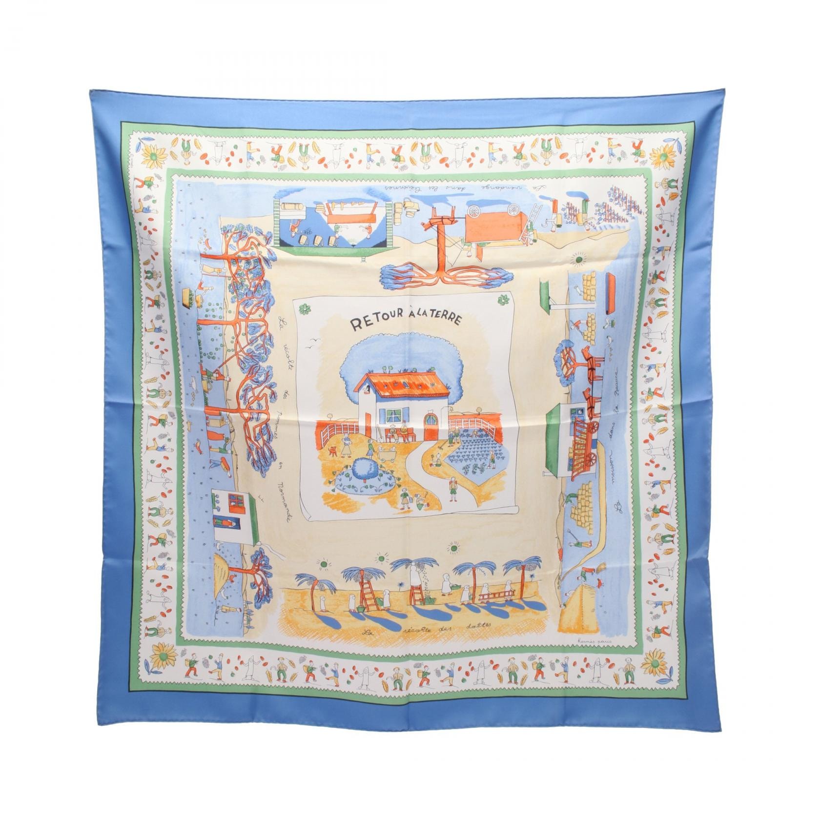 エルメス HERMES カレ90 RETOUR A LA TERRE スカーフ 衣料品 シルク シルク レディース ブルー系 / アイボリー系 / マルチカラー 【中古】