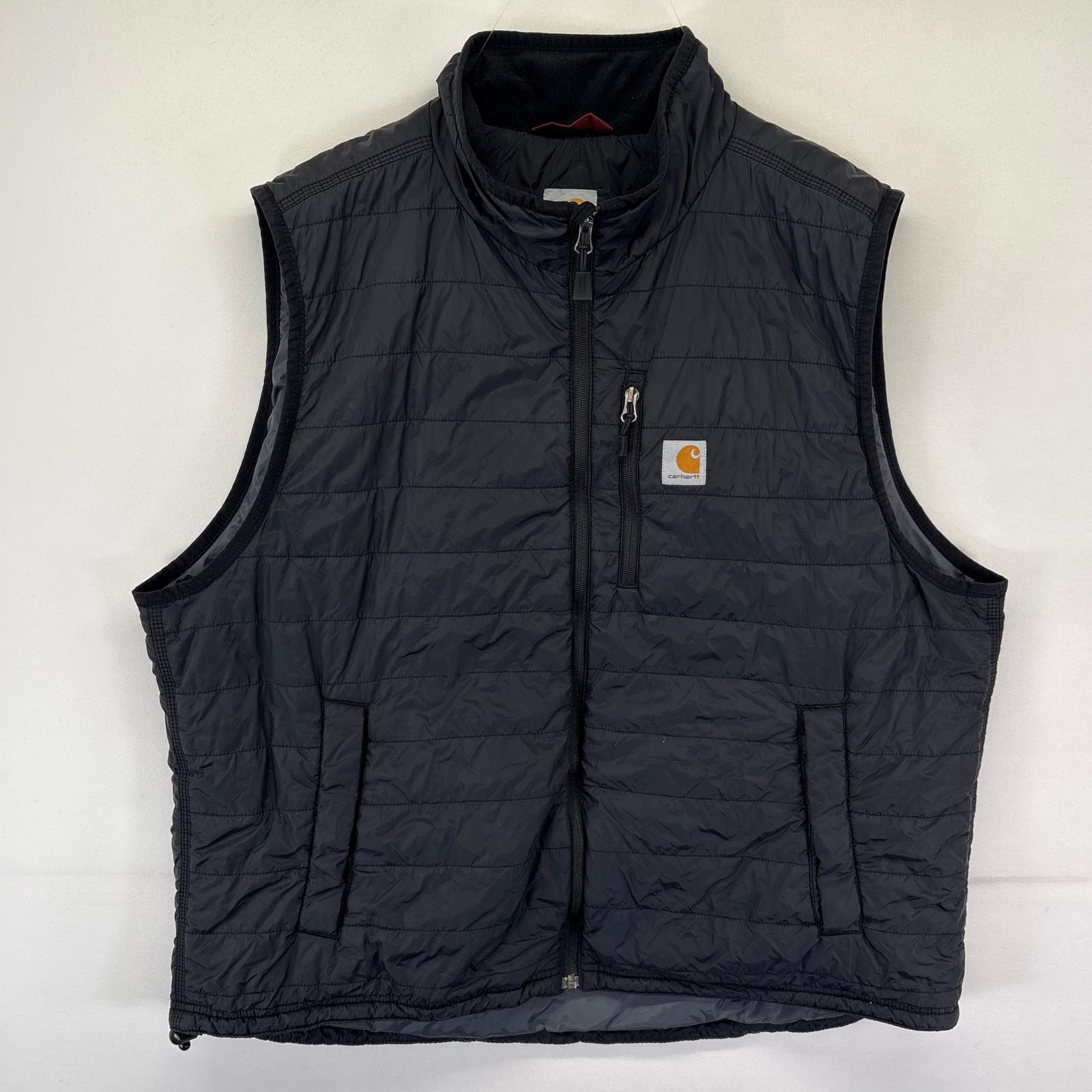 古着 カーハート Carhartt ベスト フルジップ ワンポイントロゴ 大きいサイズ 胸ポケット ドローコード有 2XL  ブラック系 メンズ