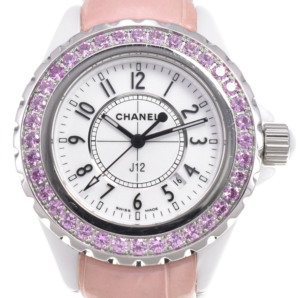 シャネル CHANEL H1336 J12 ピンクサファイア ホワイトシェル クォーツ レディース 美品 箱付き 腕時計 D#147088