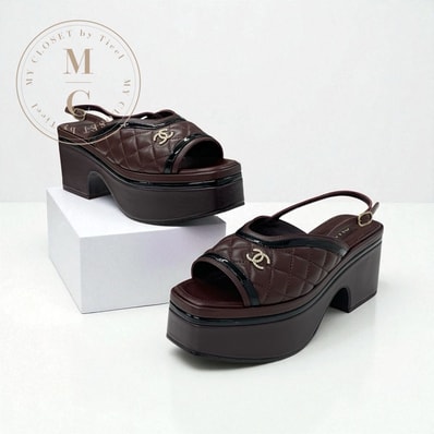 シャネル CHANEL サンダル 靴 シューズ レザー ブラウン系 ブラック ココマーク マトラッセ スリングバック