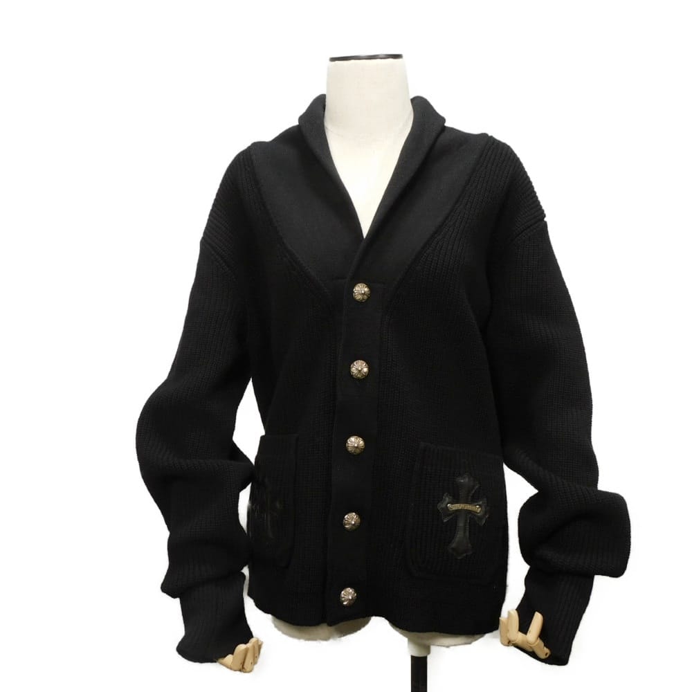 CHROME HEARTS クロムハーツ WTR M BAIT & TACKLE CARDIGAN レザー クロスパッチ ショールカラー ニット クロスボールボタン 175/104B ロゴプレート カシミヤ ラムスキン ブラック カーディガン