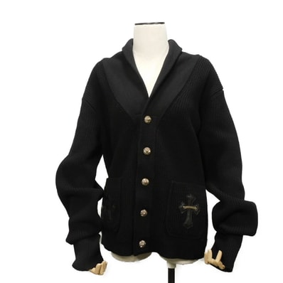 CHROME HEARTS クロムハーツ WTR M BAIT & TACKLE CARDIGAN レザー クロスパッチ ショールカラー ニット クロスボールボタン 175/104B ロゴプレート カシミヤ ラムスキン ブラック カーディガン