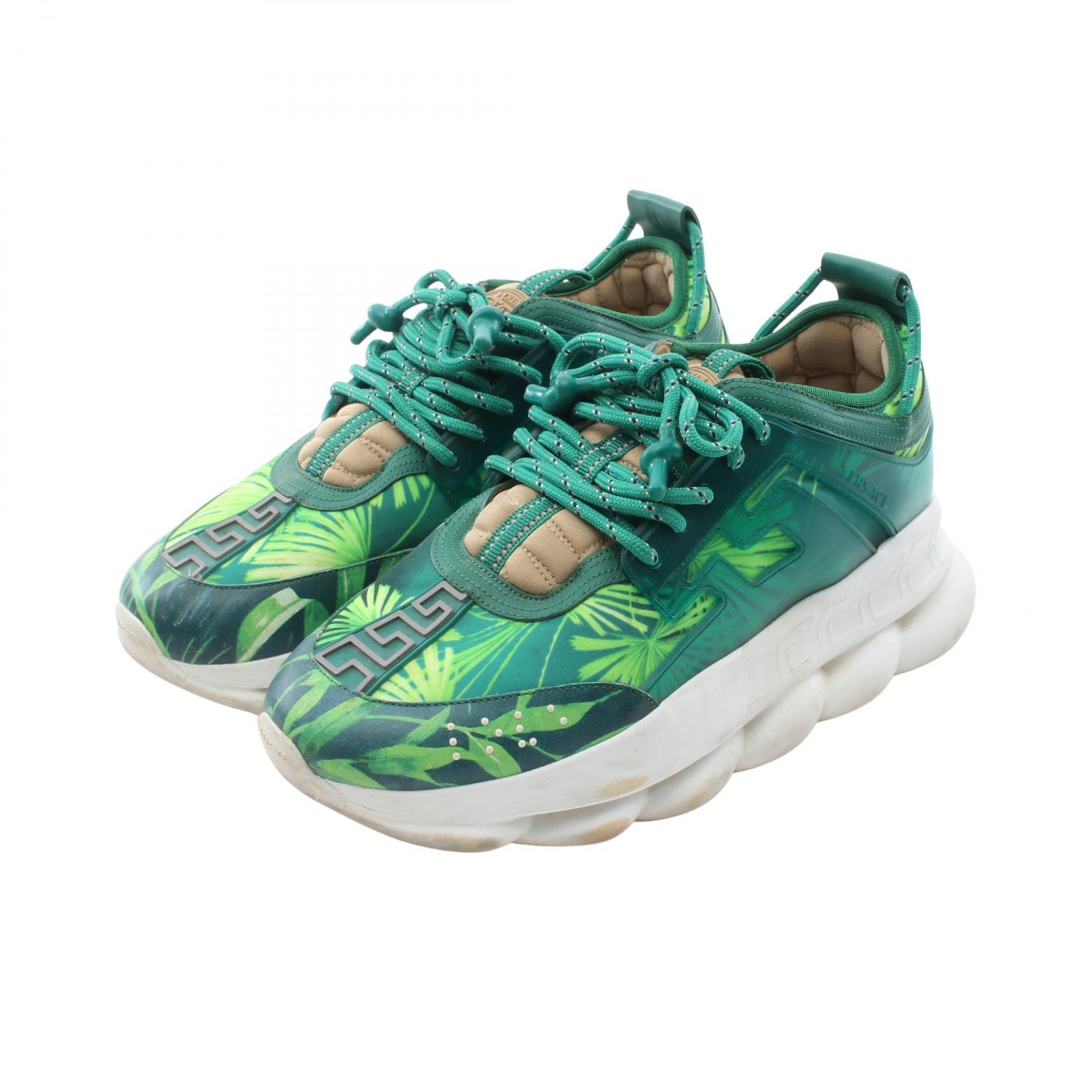 ヴェルサーチ VERSACE CHAIN REACTION チェーンリアクション ジャングルプリント スニーカー 靴 レザー ファブリック メンズ グリーン系 【中古】