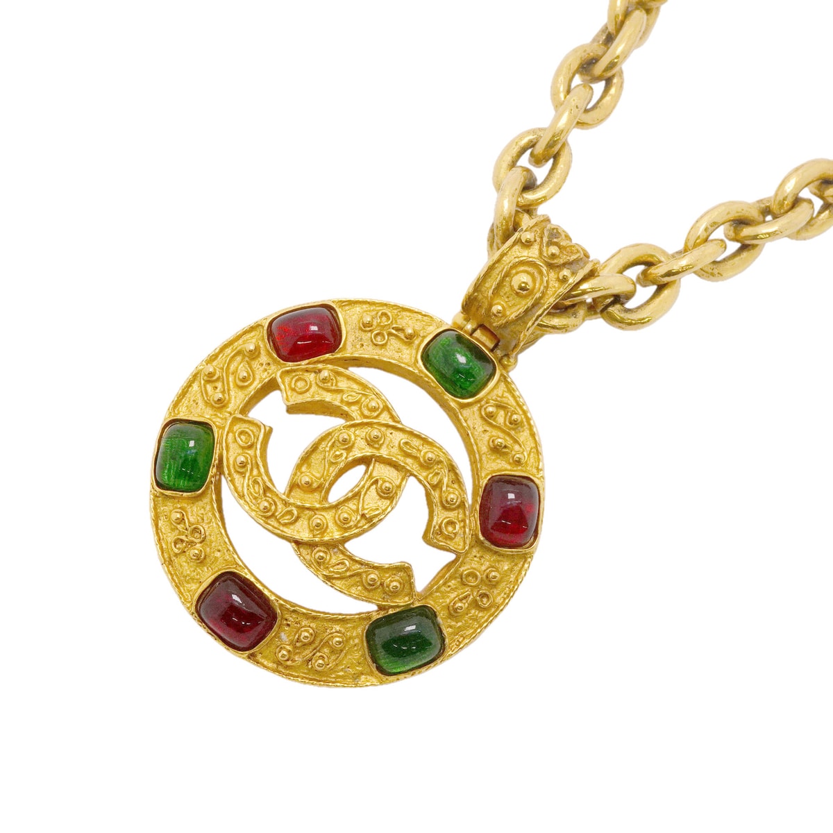 ★最終価格★SALE【6jgb0852】シャネル ネックレス ヴィンテージ ココマーク グリポア 丸型 サークル GPメッキ カラーストーン ゴールド グリーン レッド【中古】レディース