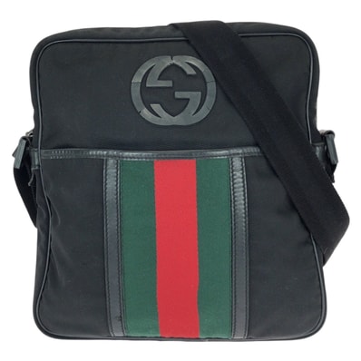 GUCCI グッチ シェリーライン インターロッキング ブラック 黒 シルバー金具 ナイロン ショルダーバッグ メッセンジャーバッグ 601113 【中古】