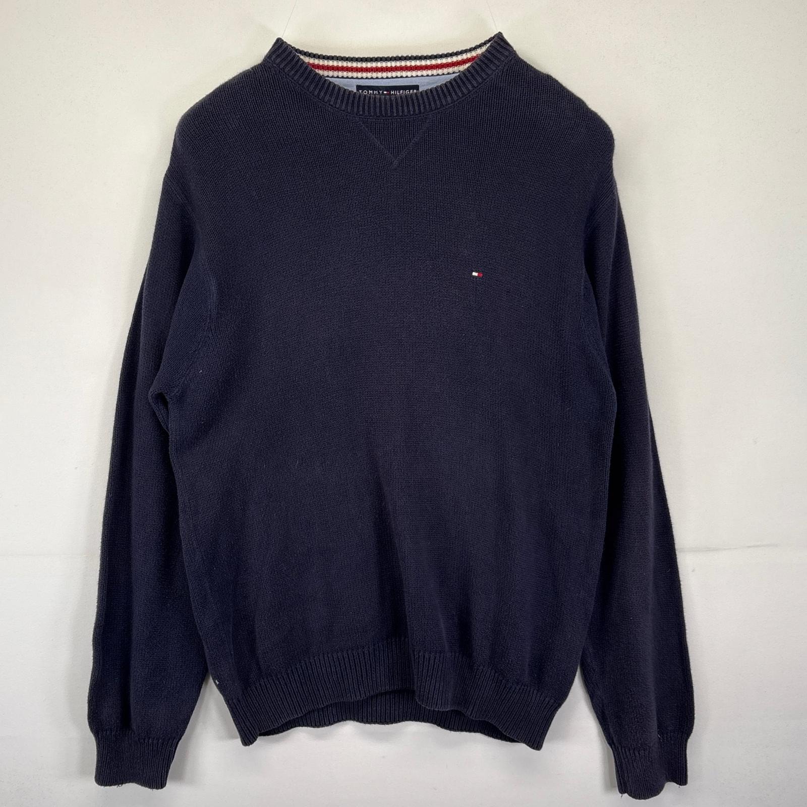 古着 トミーヒルフィガー TOMMY HILFIGER ニット ワンポイントロゴ刺繍デザイン セーター クルーネック L  ネイビー メンズ