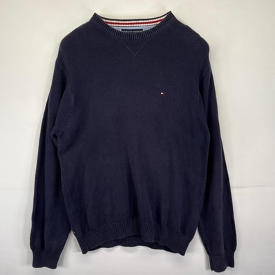 古着 トミーヒルフィガー TOMMY HILFIGER ニット ワンポイントロゴ刺繍デザイン セーター クルーネック L ネイビー メンズ