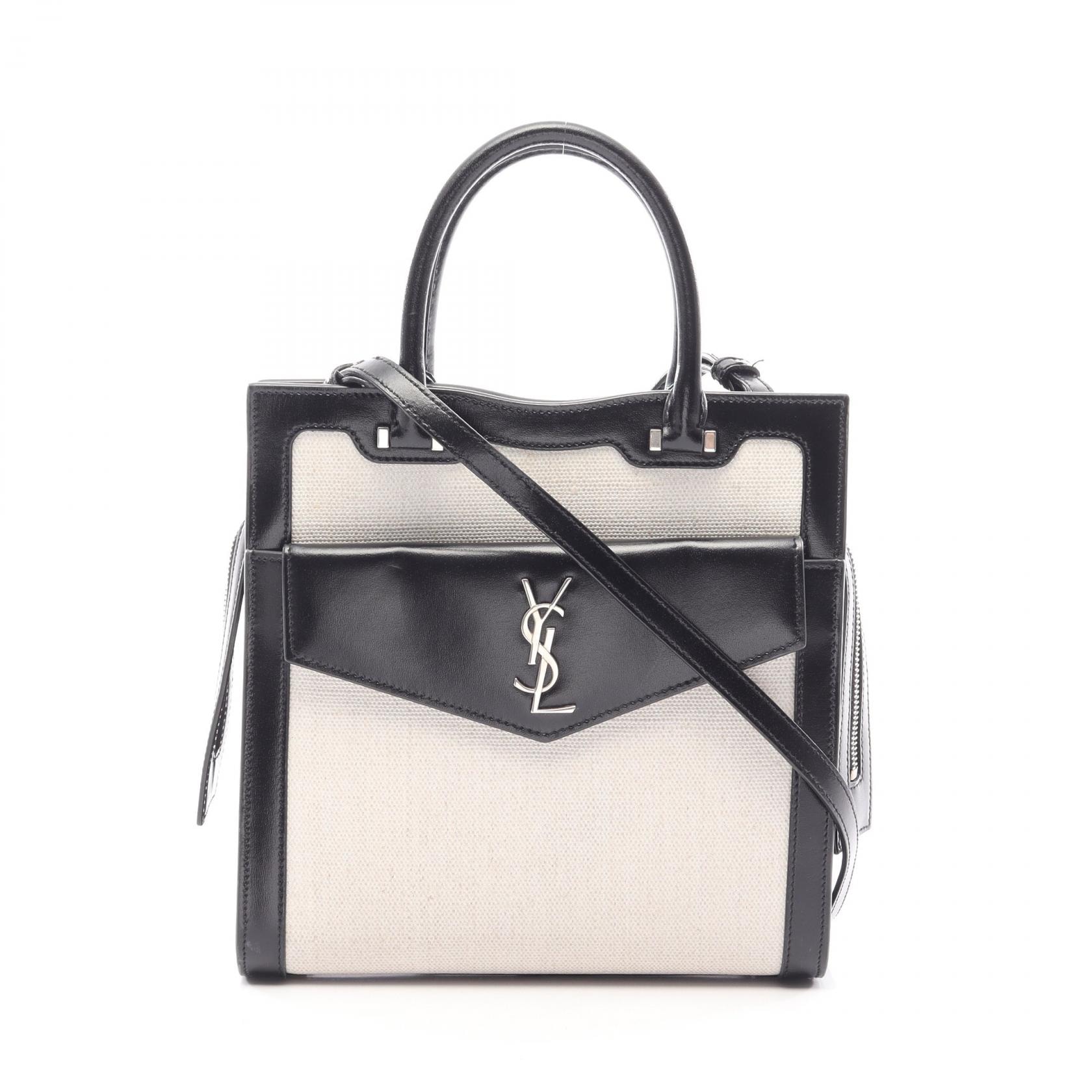 サンローランパリ SAINT LAURENT PARIS アップタウン トート スモール 2WAY ハンドバッグ バッグ キャンバス レザー レディース アイボリー系 / ブラック系 561203 9J57E 【中古】