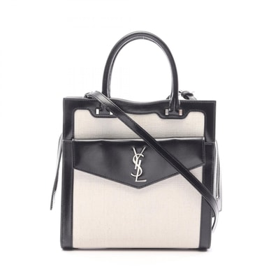 サンローランパリ SAINT LAURENT PARIS アップタウン トート スモール 2WAY ハンドバッグ バッグ キャンバス レザー レディース アイボリー系 / ブラック系 561203 9J57E 【中古】