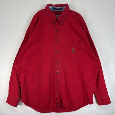 古着 90's/90年代 チャップスラルフローレン CHAPS RALPHLAUREN 長袖シャツ ロゴ 刺繍 大きいサイズ 肉厚 ボタンダウン 綾織 XL レッド 無地 メンズ