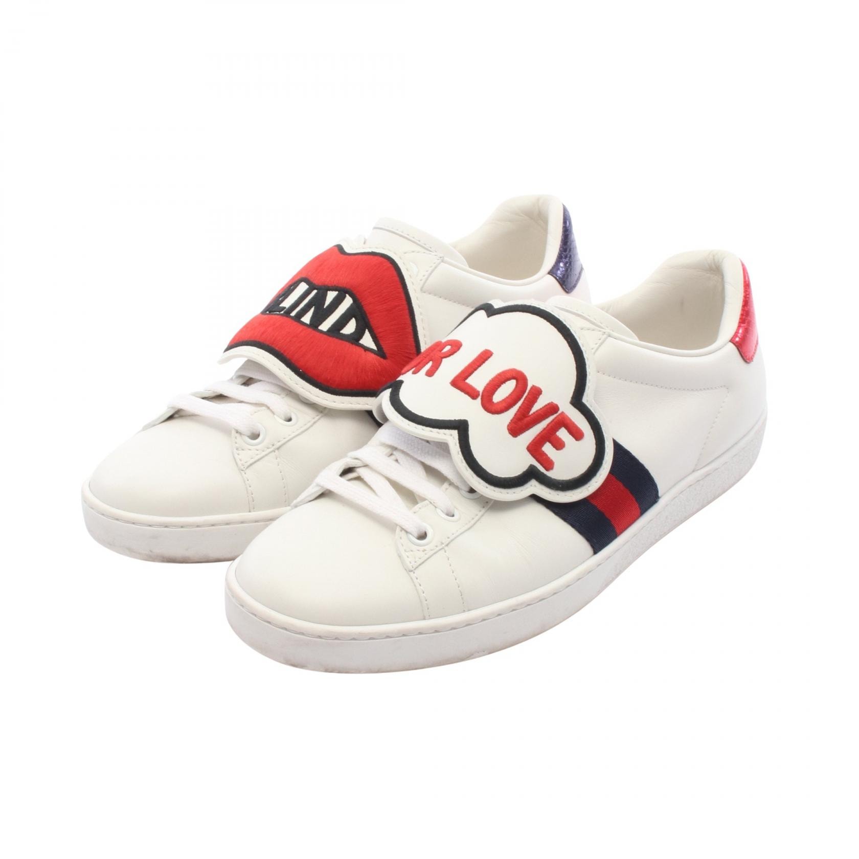 グッチ GUCCI Ace Blind for Love スニーカー 靴 レザー レディース ホワイト系 / レッド系 / ネイビー系 【中古】