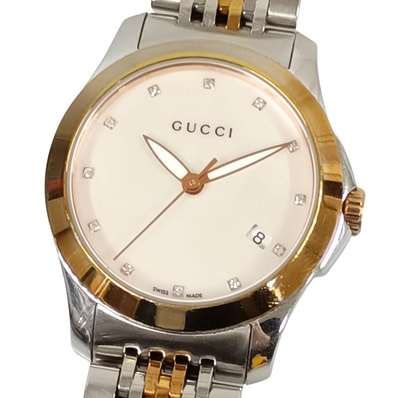 GUCCI グッチ 126.5 Gタイムレス デイト 12P ダイヤ シェル文字盤 クォーツ レディース 腕時計 C1054