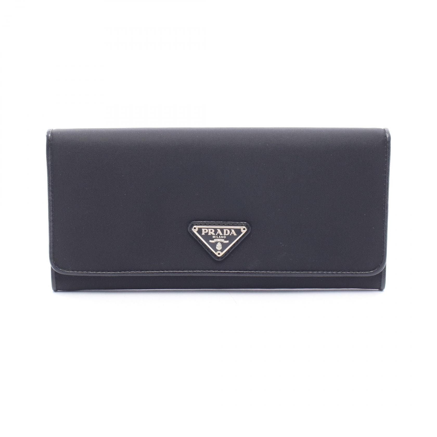 プラダ PRADA トライアングルロゴ 二つ折り長財布 財布 ナイロン レザー メンズ レディース ブラック系 【中古】